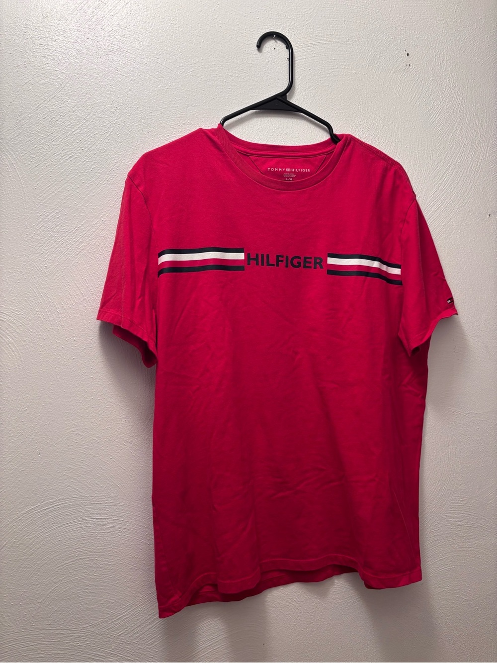 Tommy Hilfiger Men's Bright Red Logo Tee with Chest Stripes